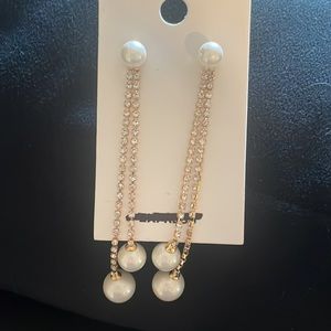 Pearl Rhinestone Gold Tone Drop Earrings